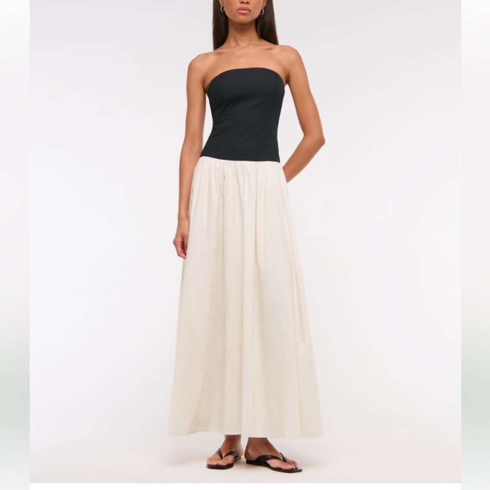 Abercrombie Strapless Drop-Waist Maxi Dress in Cream medium tall